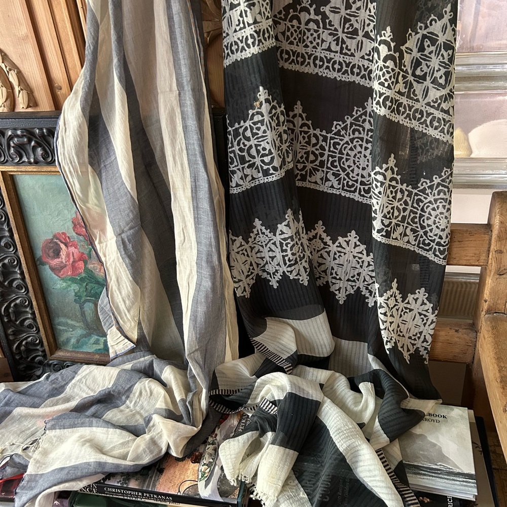 Epice Paris cotton silk shawl blue white stripe w fringe lovely cool for summer.